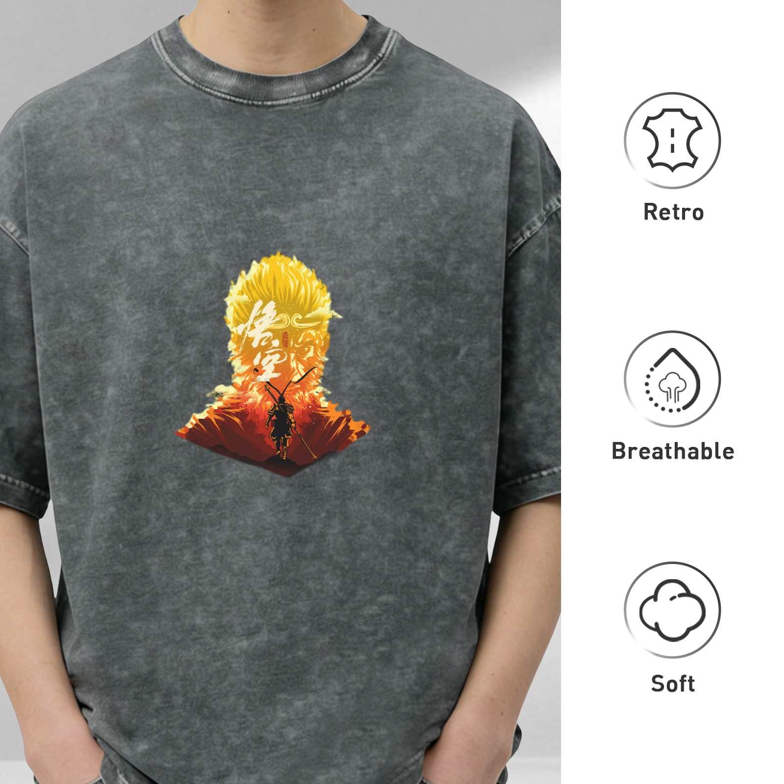 Wukong Graphic Washed Black Short Sleeve T-Shirt