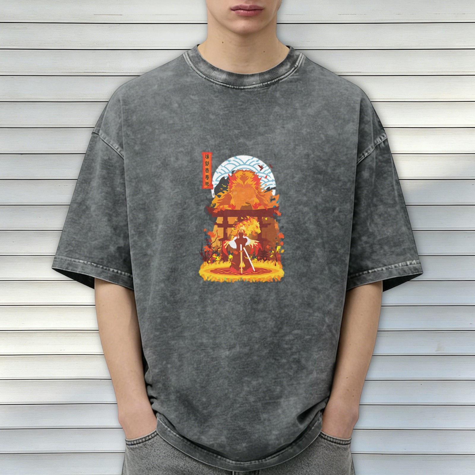 Distressed washed black flame warrior graphic short-sleeved T-shirt