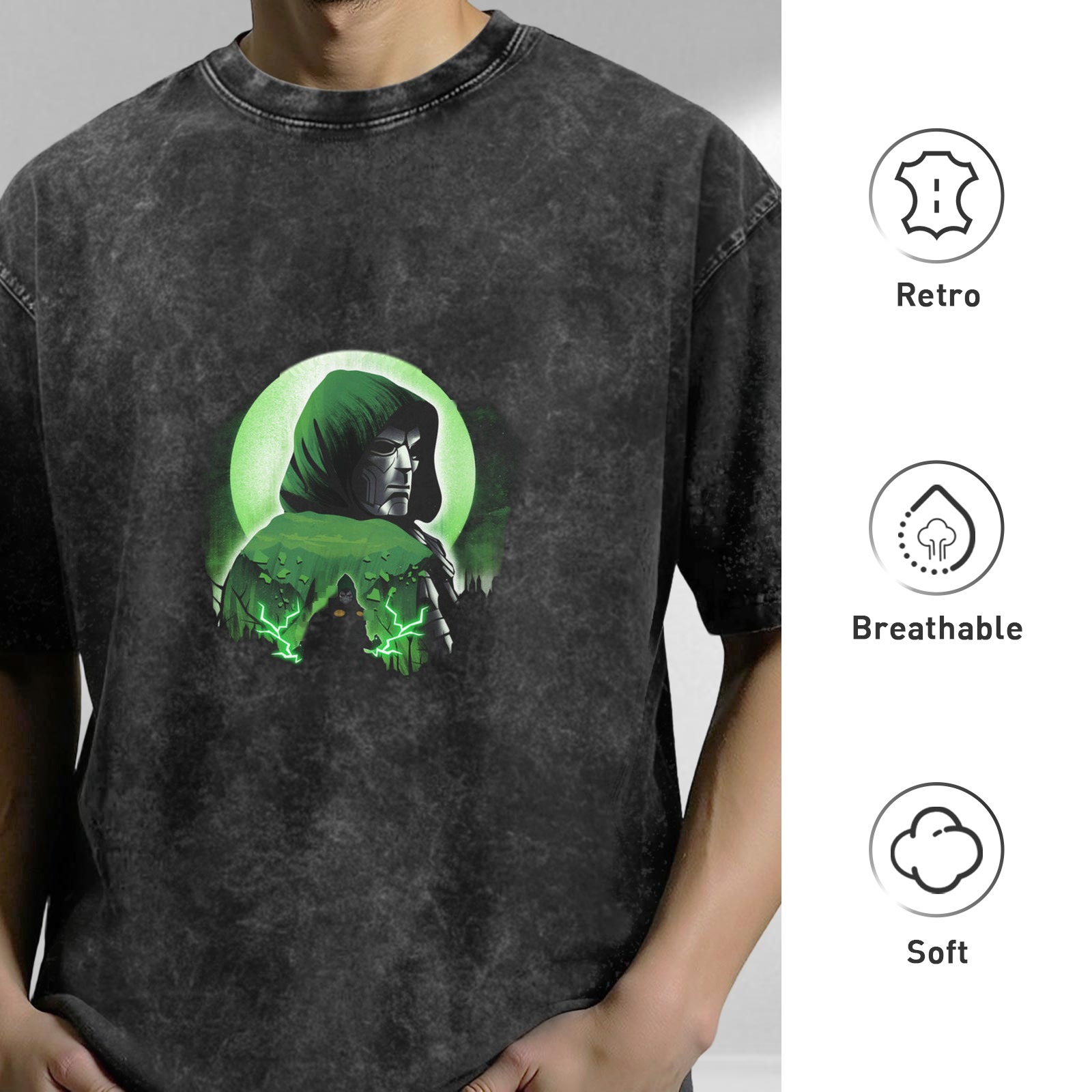 Oversized Acid Wash T-Shirt With Hooded Green Spectre Graphic
