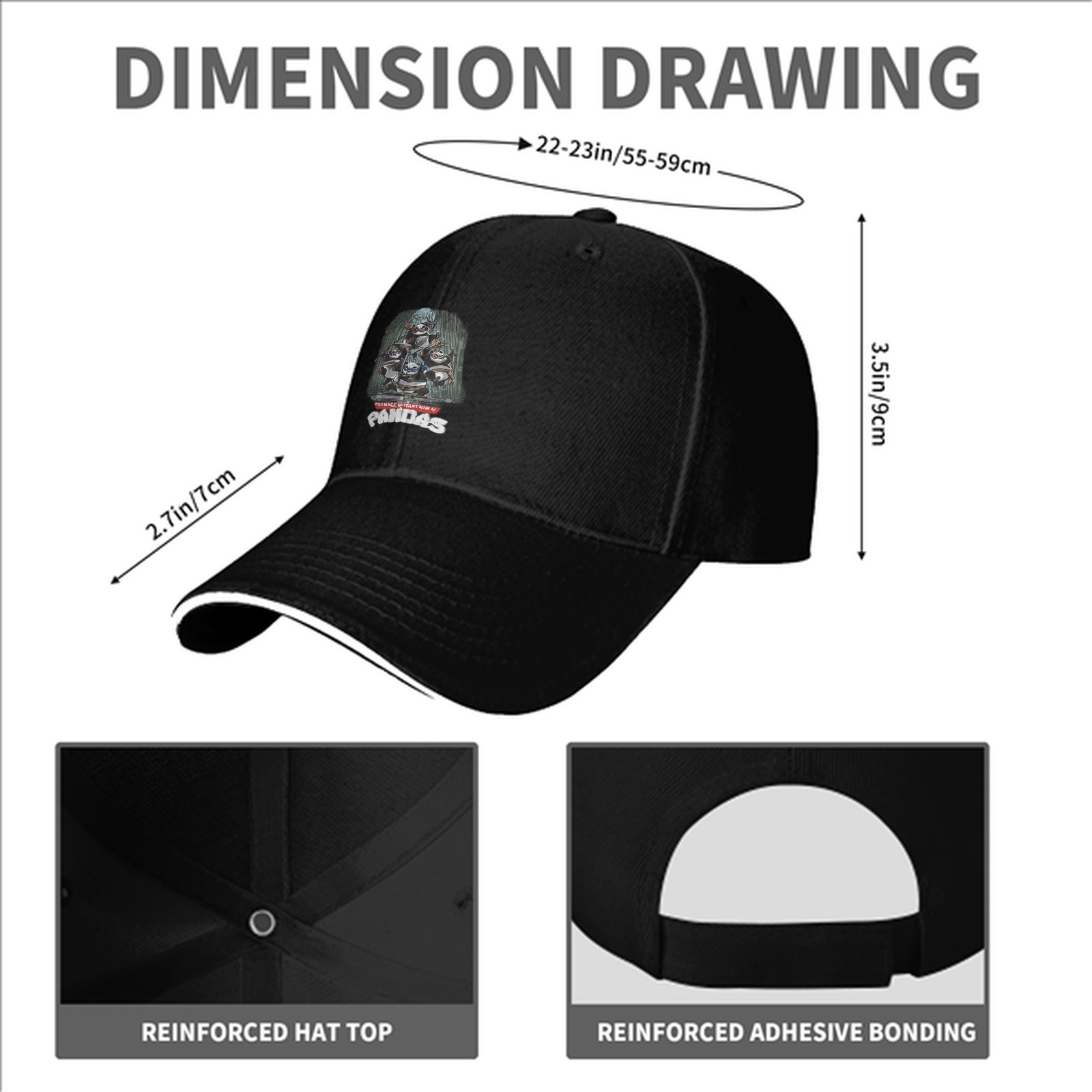 Black Baseball Cap With Teenage Mutant Pandas Graphic Print