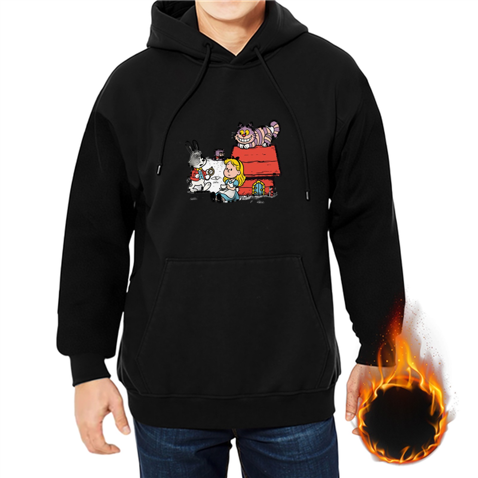 Black hoodie with Alice in Wonderland and Peanuts crossover graphic