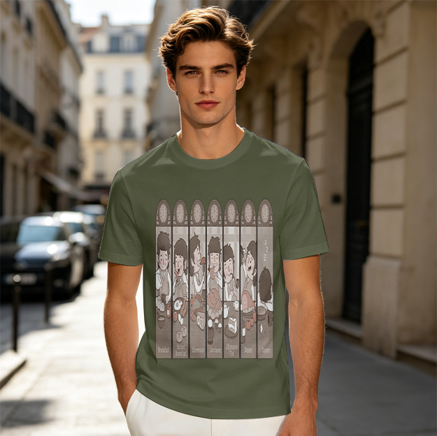 Olive green t-shirt with cartoon medieval feast scene print