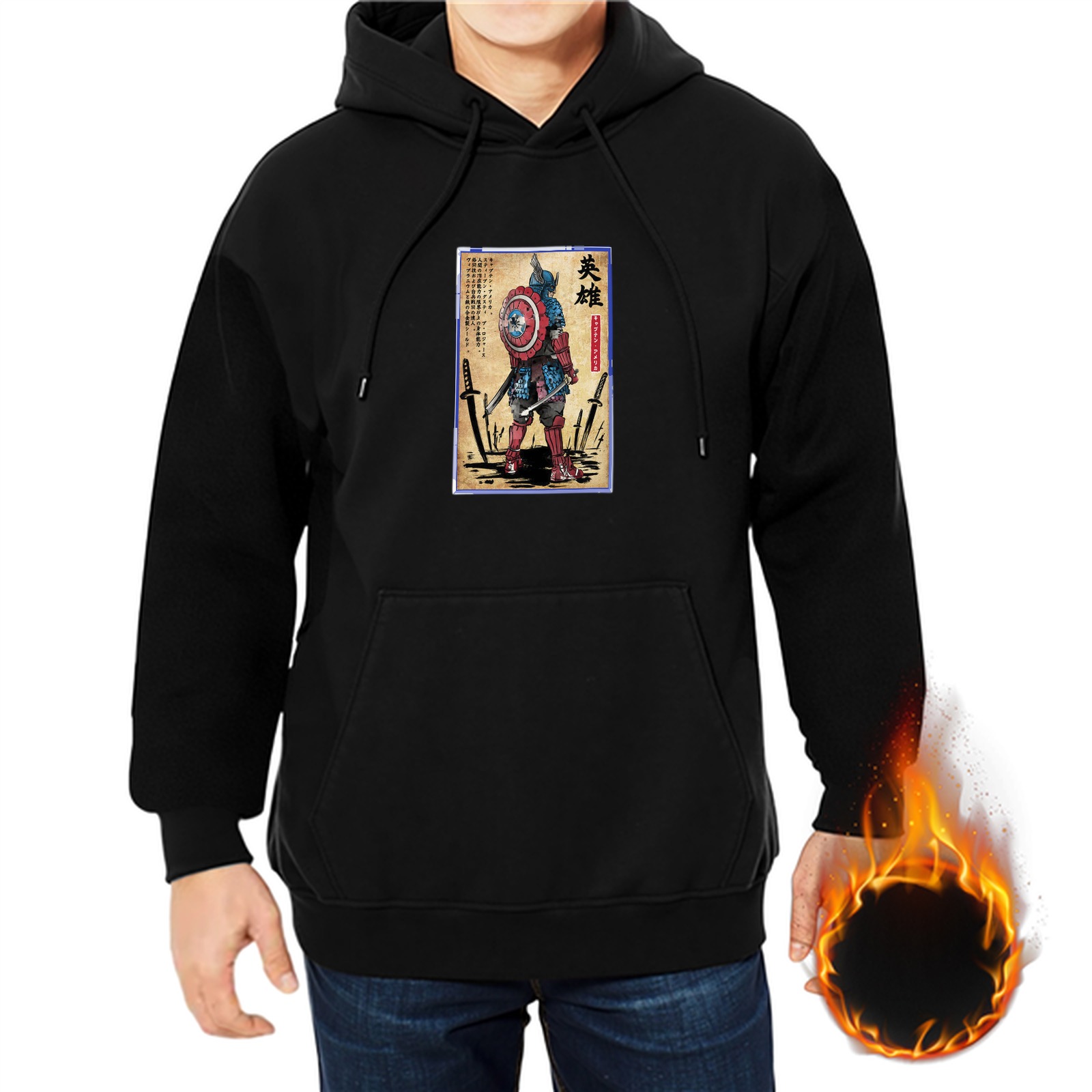 Black hoodie with samurai-style Captain America graphic print