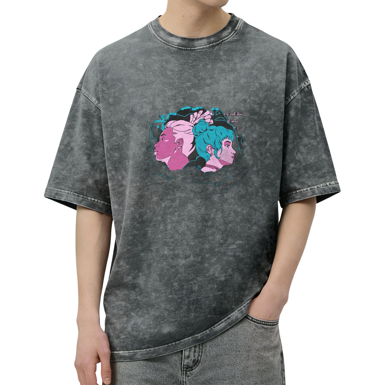 Oversized Acid Wash T-Shirt With Retro Anime Style Graphic Print