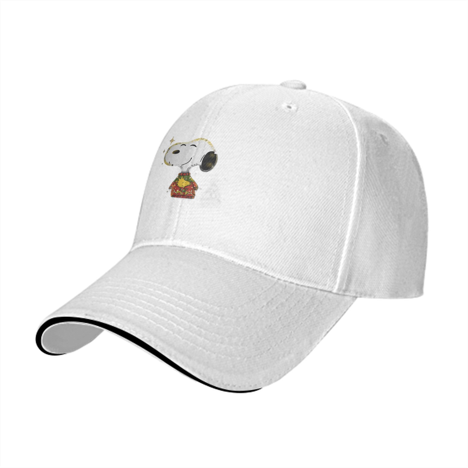 Black baseball cap with Snoopy in festive sweater design