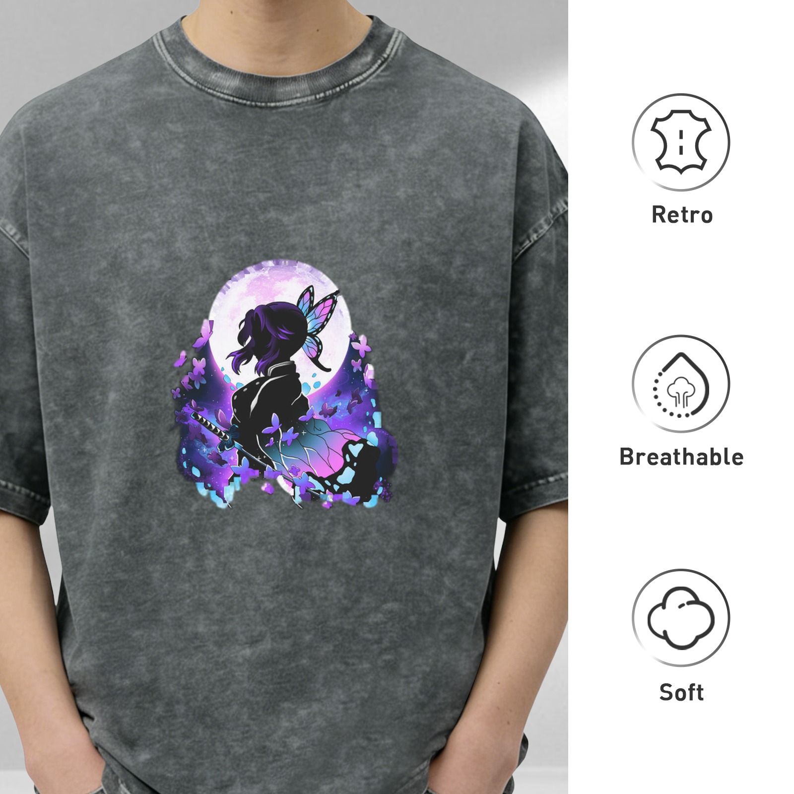 Oversized Acid Wash T-Shirt With Anime Butterfly Silhouette Graphic