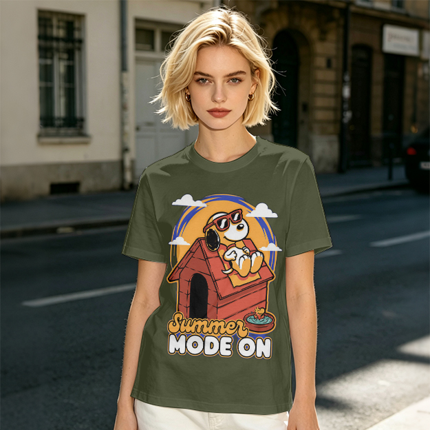 Olive t-shirt with Snoopy summer mode on graphic design