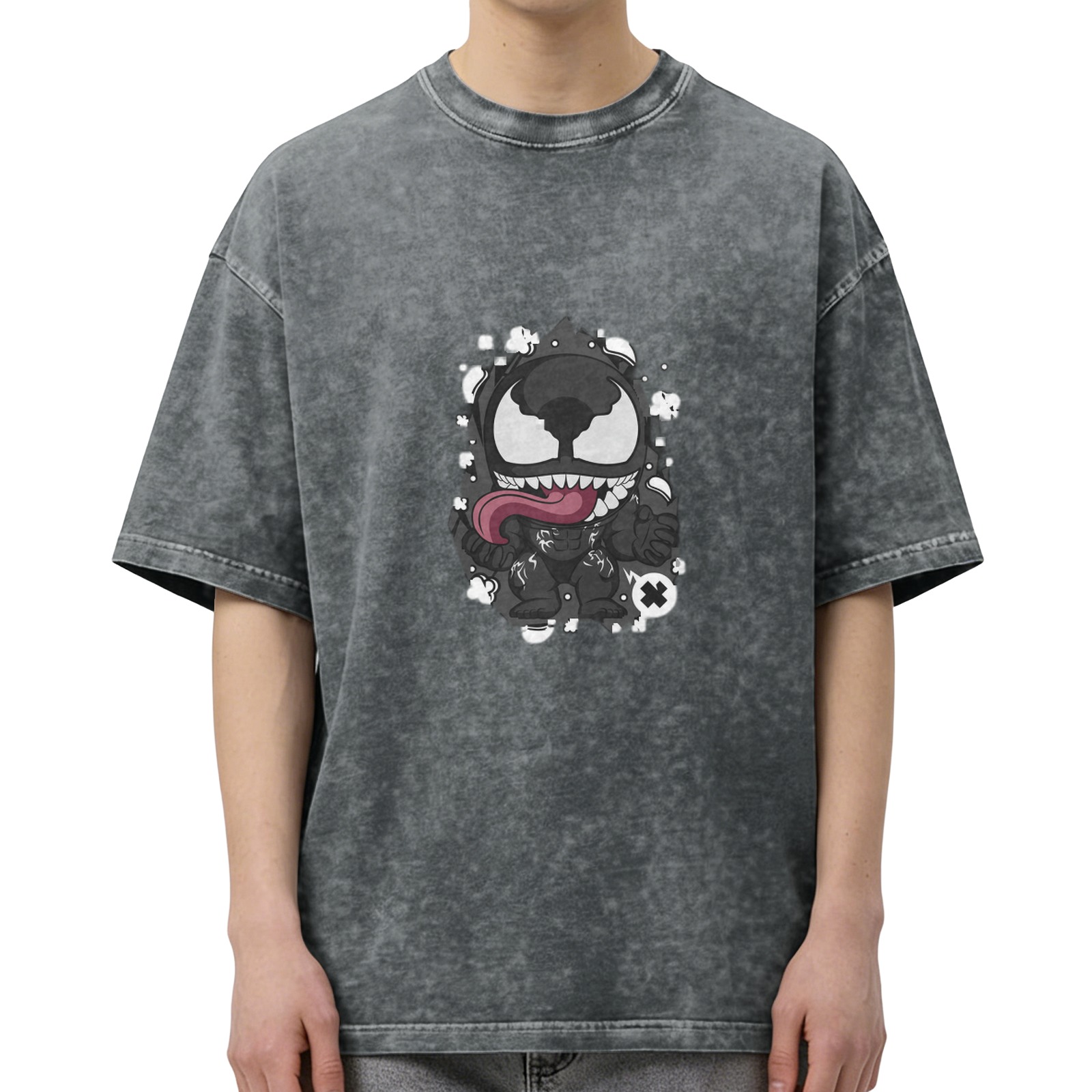 Oversized Acid Wash T-Shirt With Cute Chibi Venom Graphic