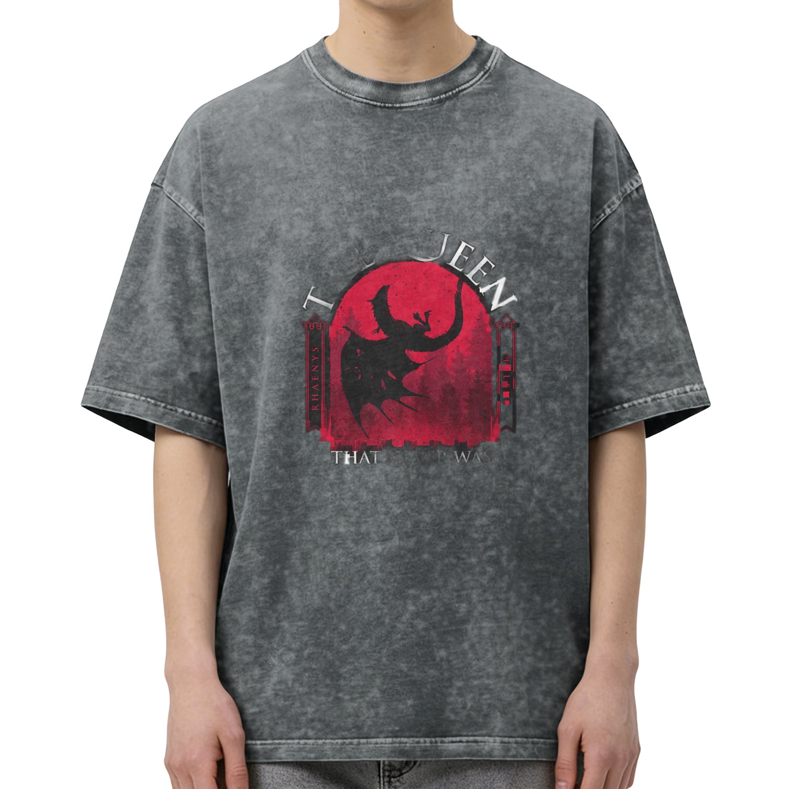 Washed Black Graphic T-Shirt With Dragon And Queen Text Print