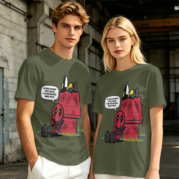 Olive t-shirt with Deadpool and Snoopy mashup graphic