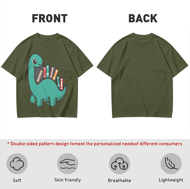 Olive T-shirt with cute dinosaur carrying books graphic
