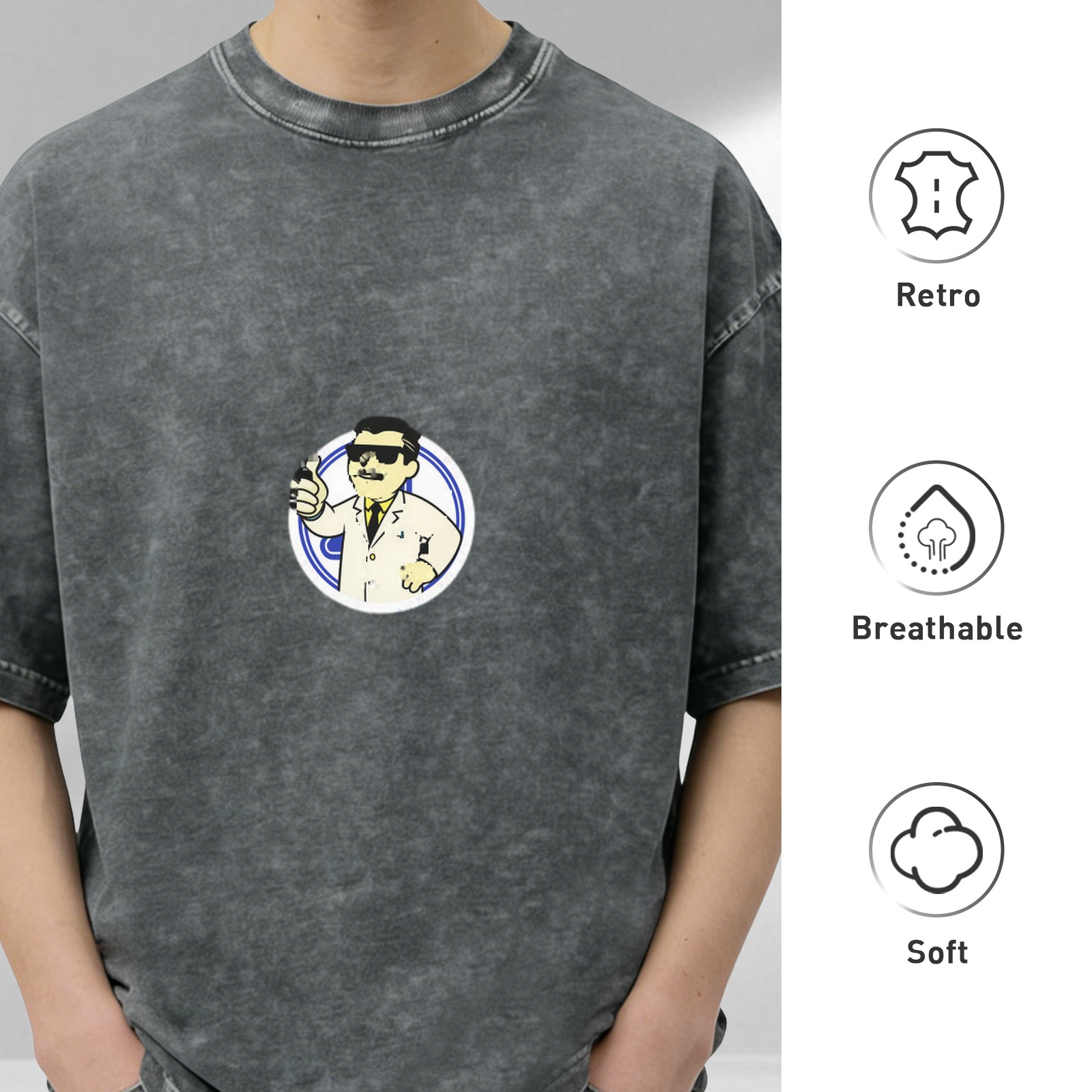 Oversized Acid Wash T-Shirt With Cartoon Scientist Print
