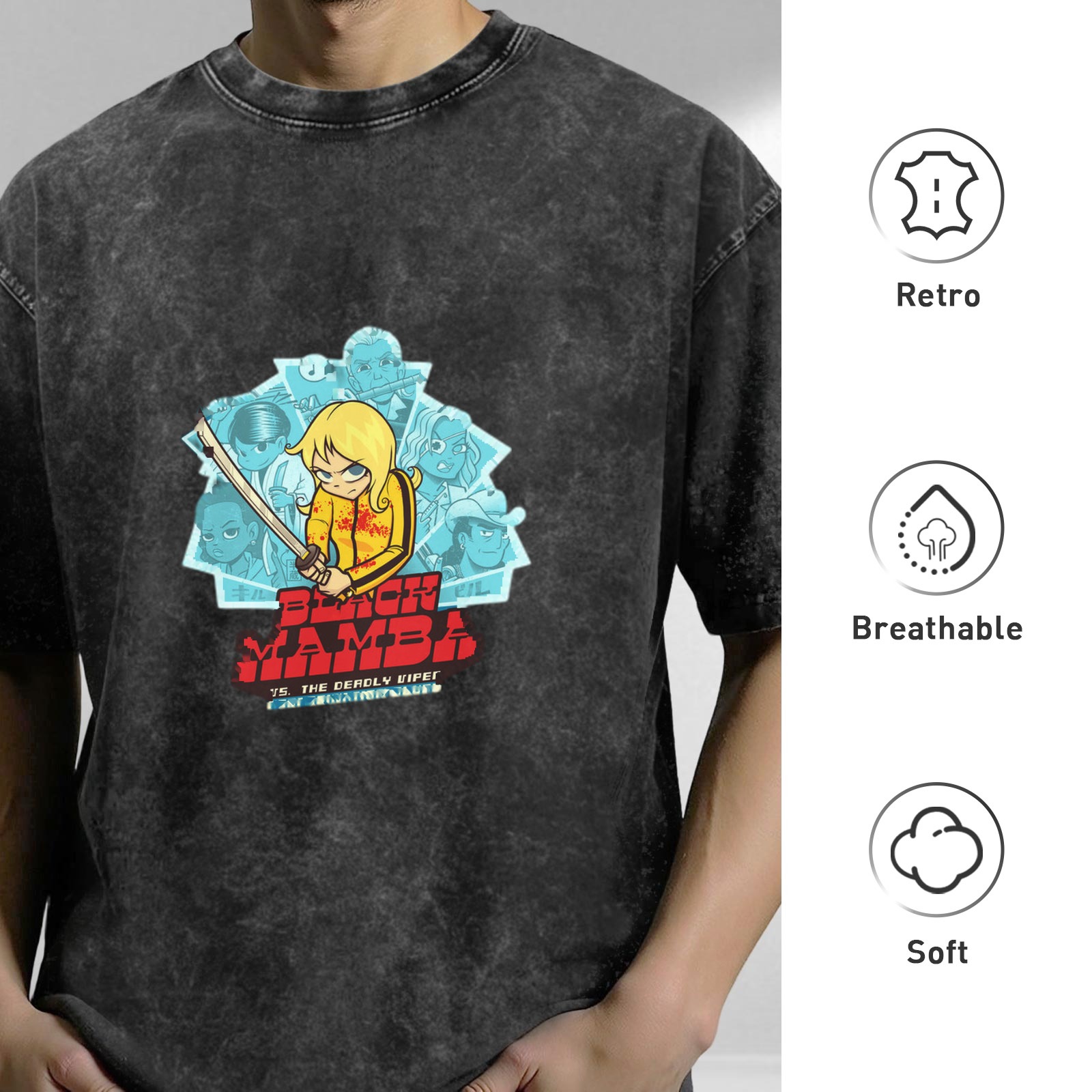 Washed distressed black short-sleeved T-shirt Kill Bill themed cartoon print Black Mamba pattern top