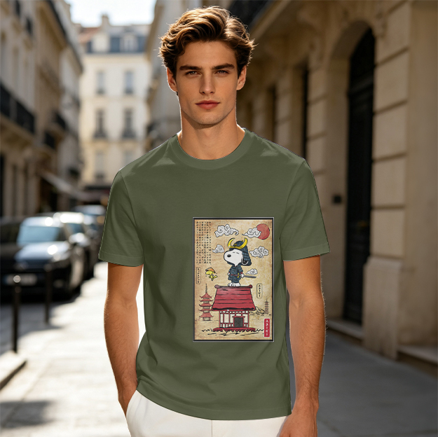 Olive T-Shirt with Samurai Snoopy Japanese Art Print