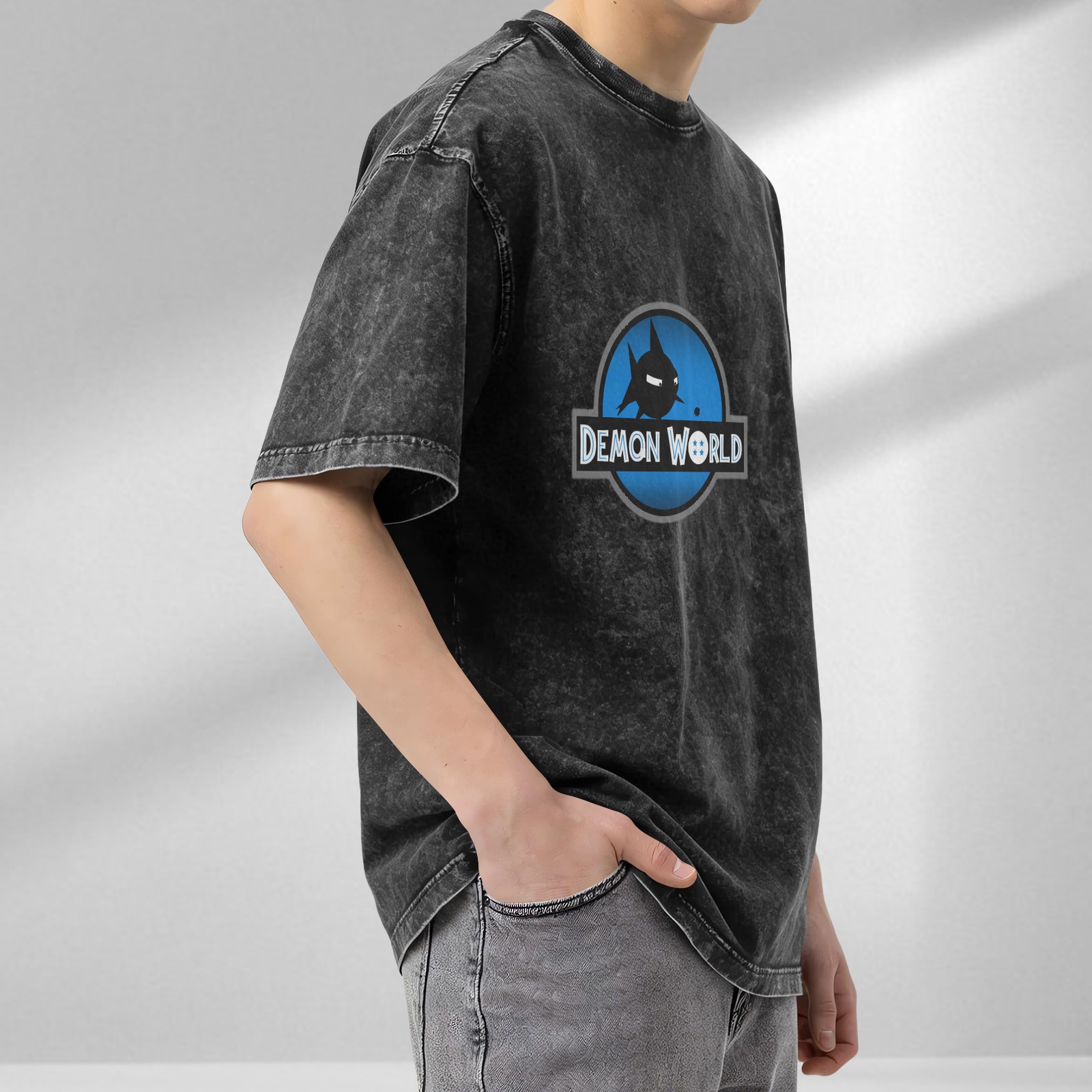Oversized Acid Wash T-Shirt with Demon World Graphic Print