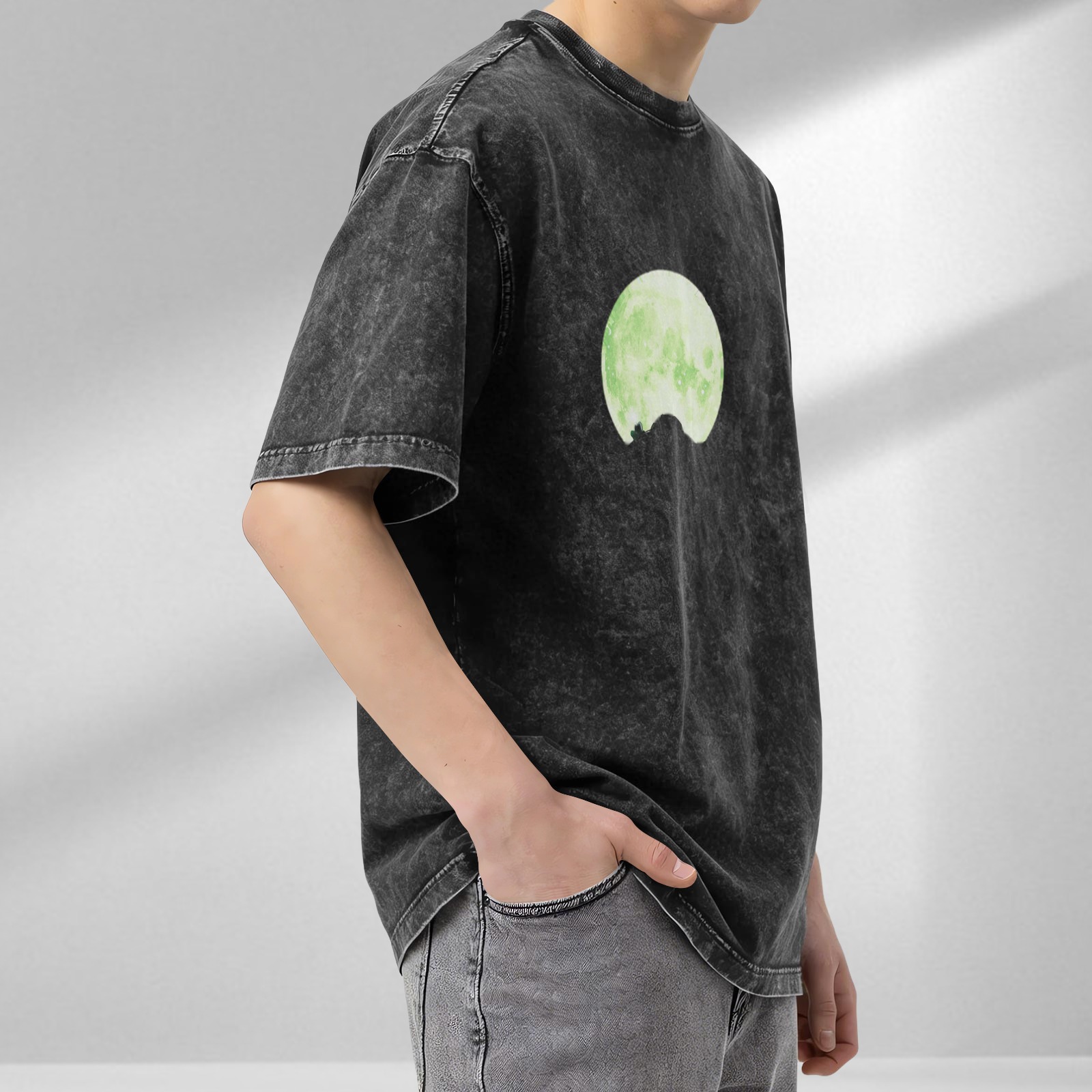 Oversized Acid Wash T-Shirt With Glowing Green Moon Print