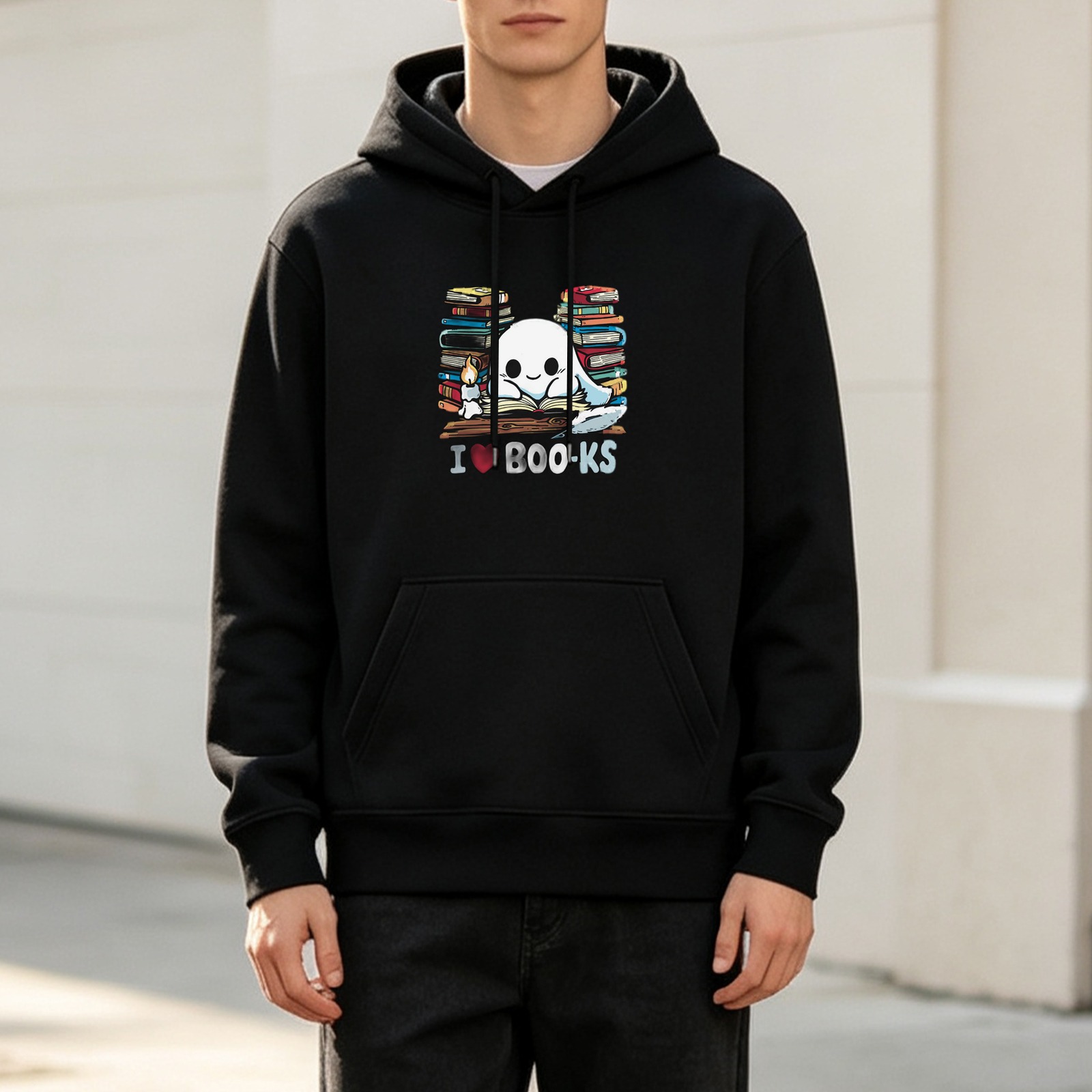 Black hoodie with cute ghost reading books graphic design