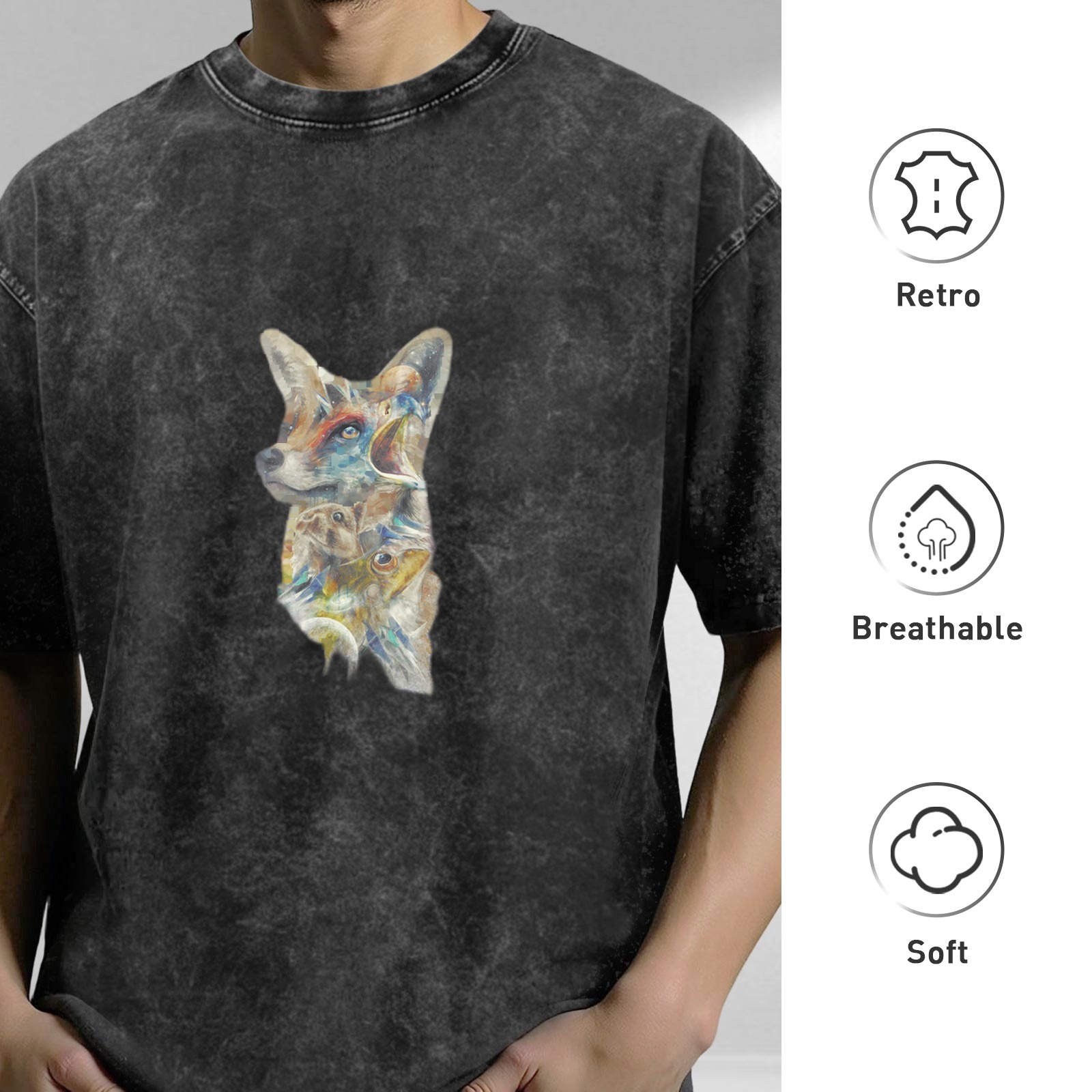 Washed Black Oversized T-Shirt With Abstract Fox Art Print