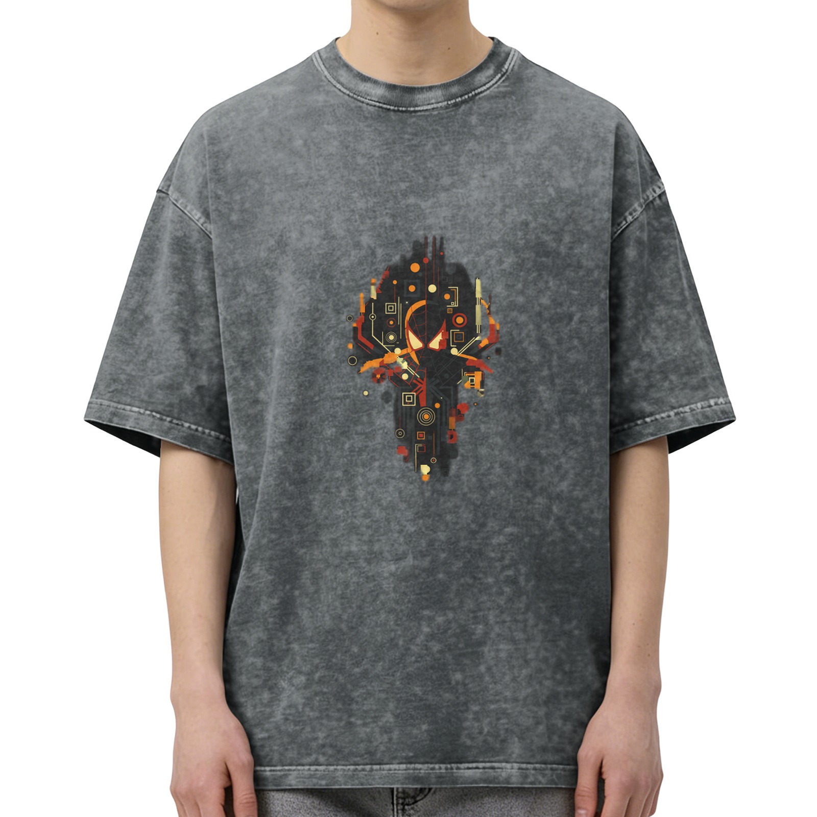 Washed Black Oversized T-Shirt With Cyber Spider Graphic