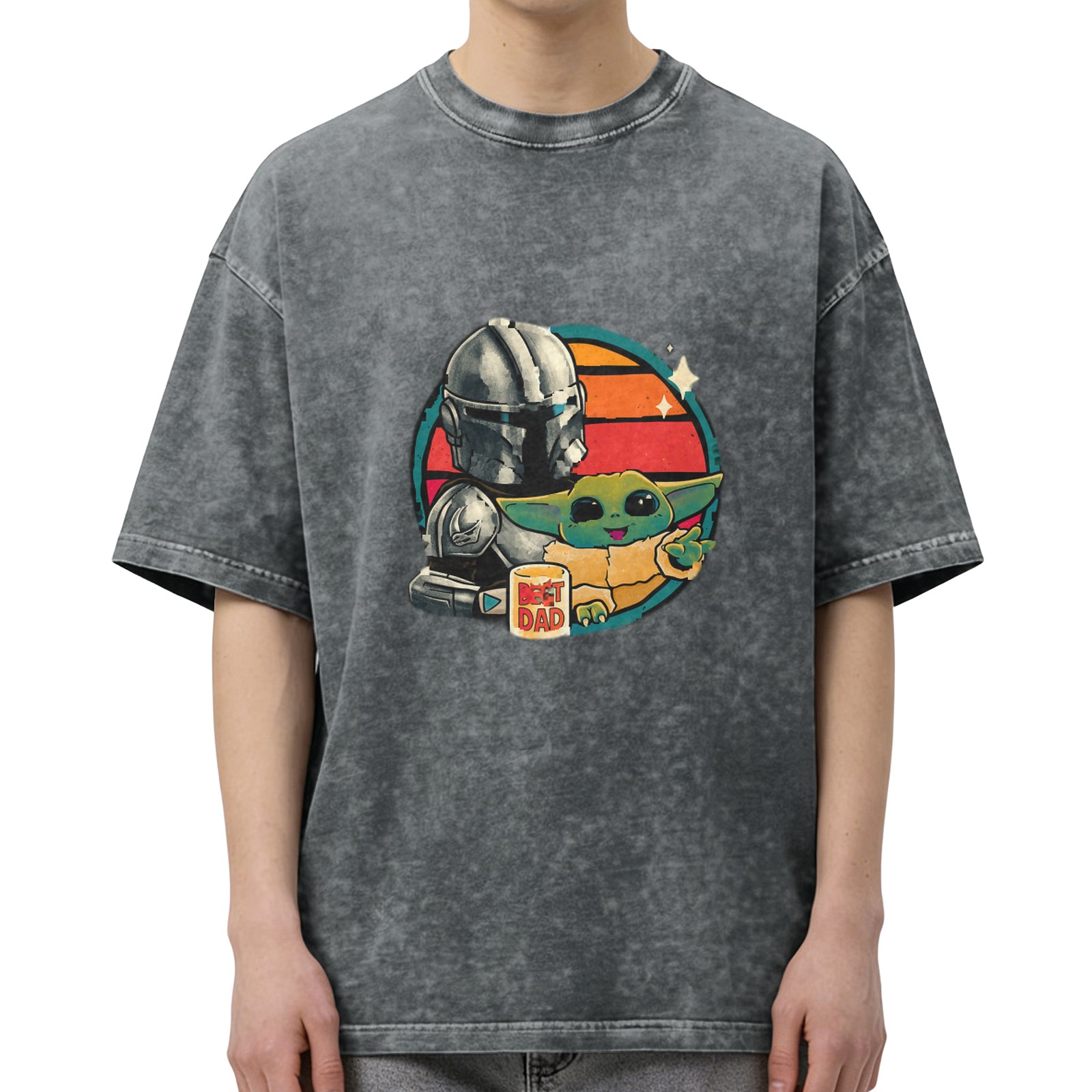 Star Wars The Mandalorian & Grogu (Baby Yoda) 'Best Dad' Graphic Acid-Wash Short Sleeve T-Shirt
