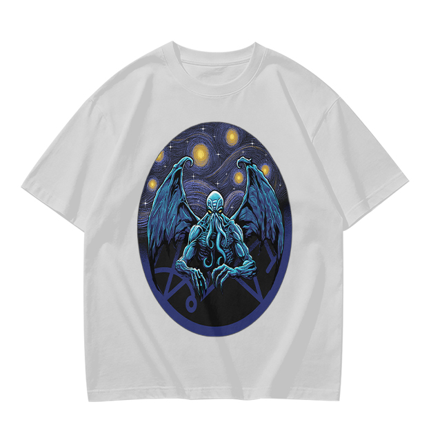 Olive T-Shirt with Cthulhu Starry Night Graphic Print