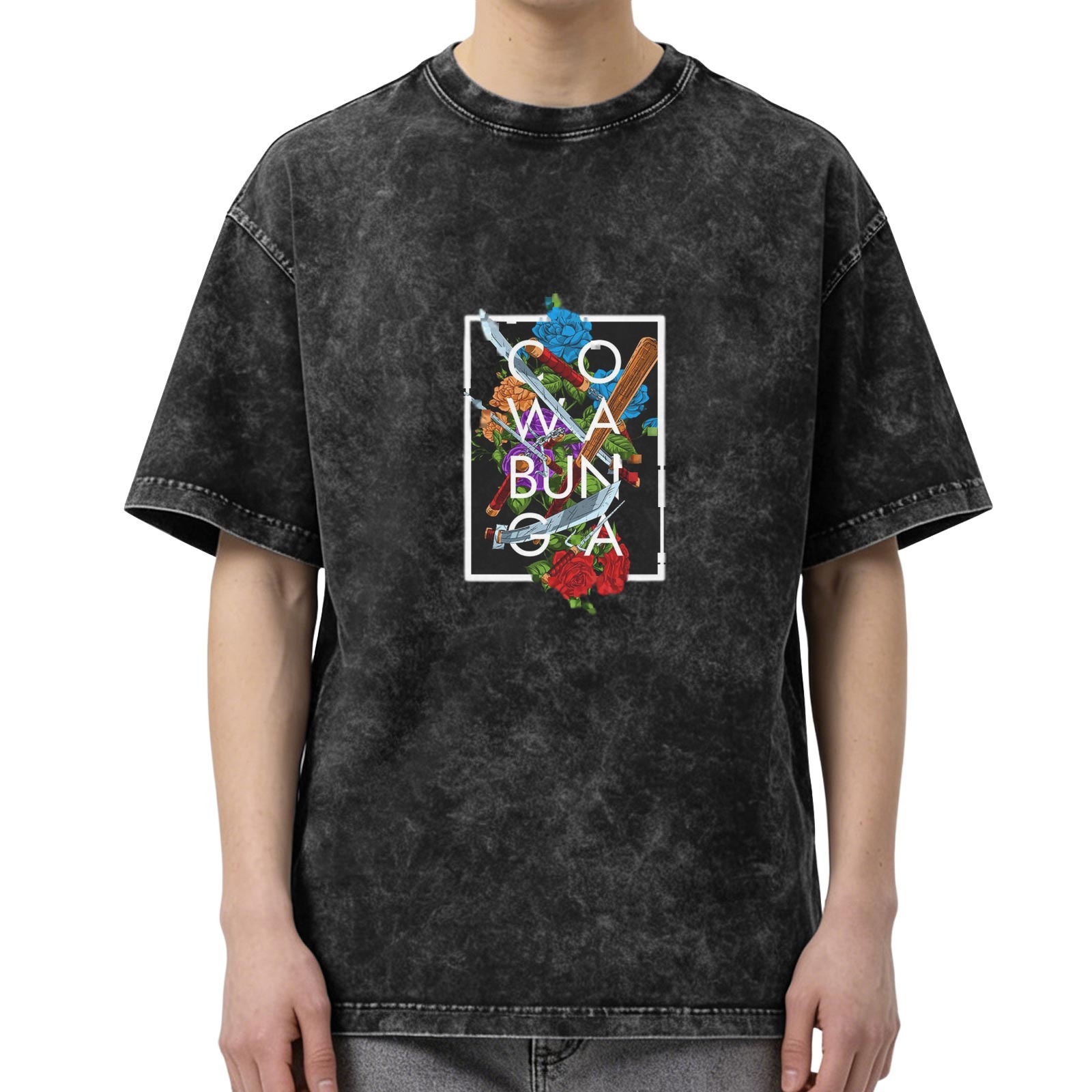 Washed Black Oversized T-Shirt With Cowabunga Floral Weapon Graphic