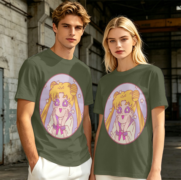 Olive T-shirt with excited anime girl star eyes graphic