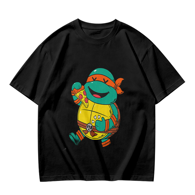 Olive T-shirt with cartoon ninja turtle holding pizza graphic