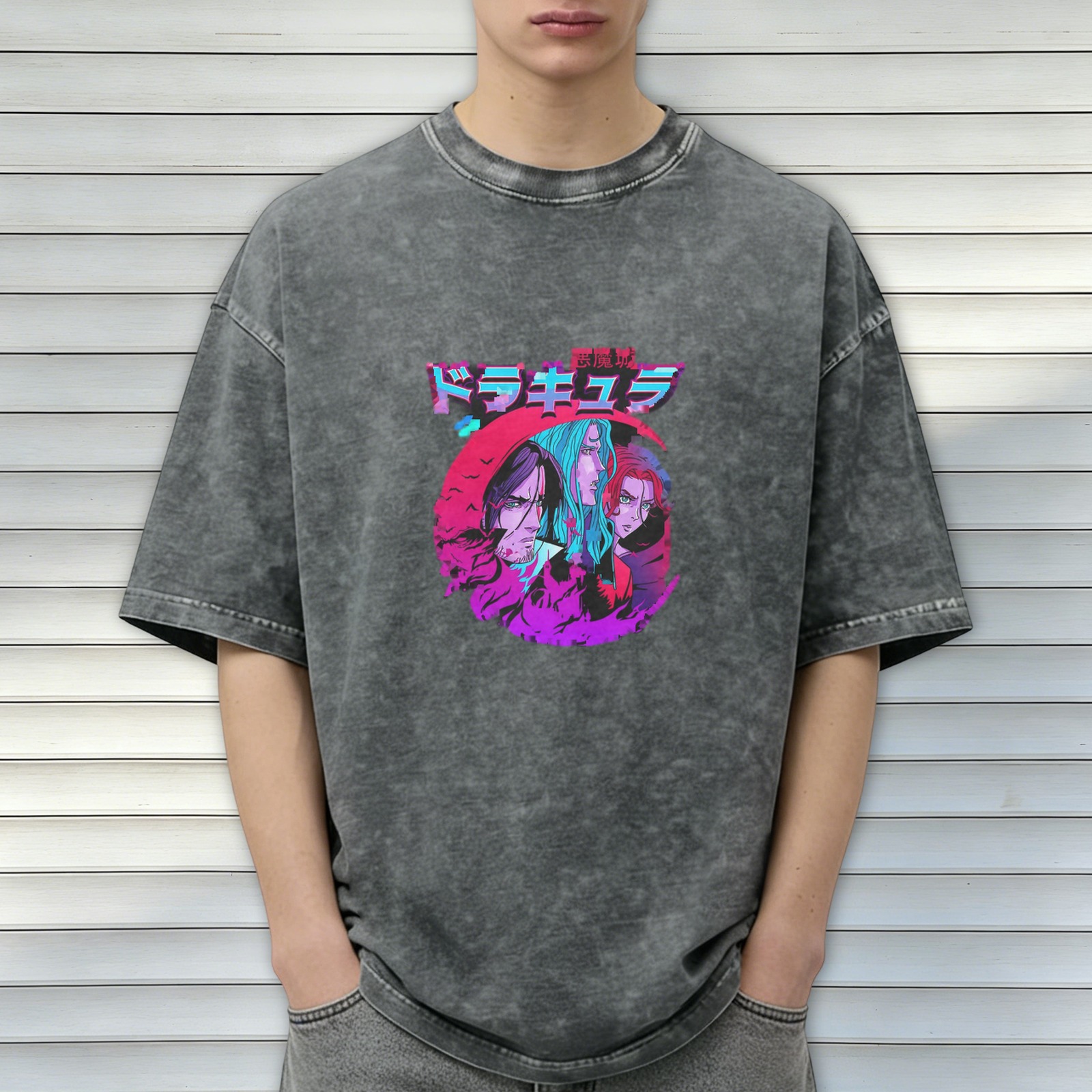 Retro washed black anime theme printed short-sleeved T-shirt
