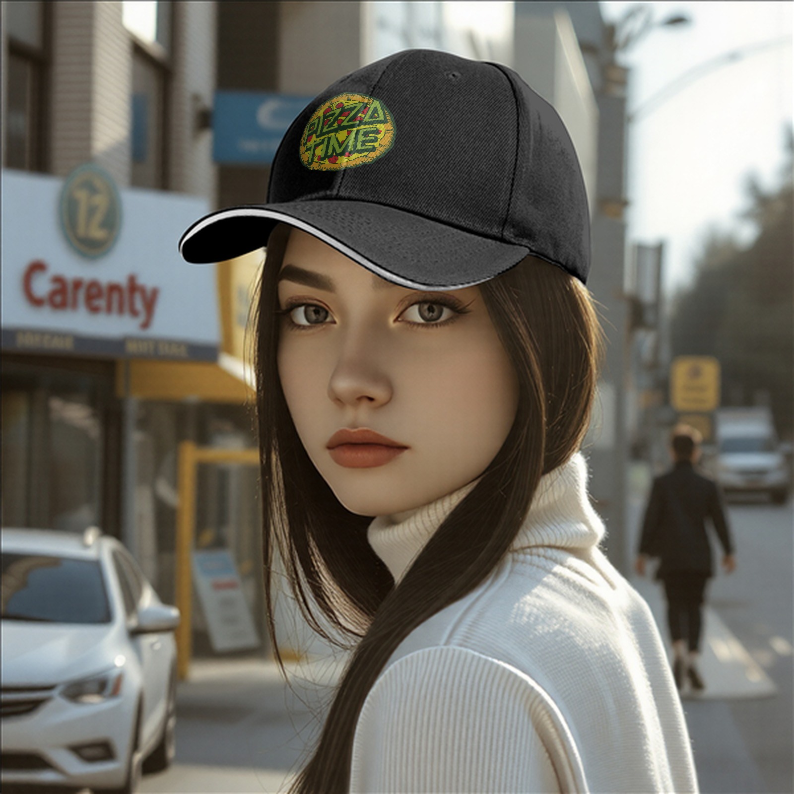 Black Baseball Cap With Pizza Time Graphic Design