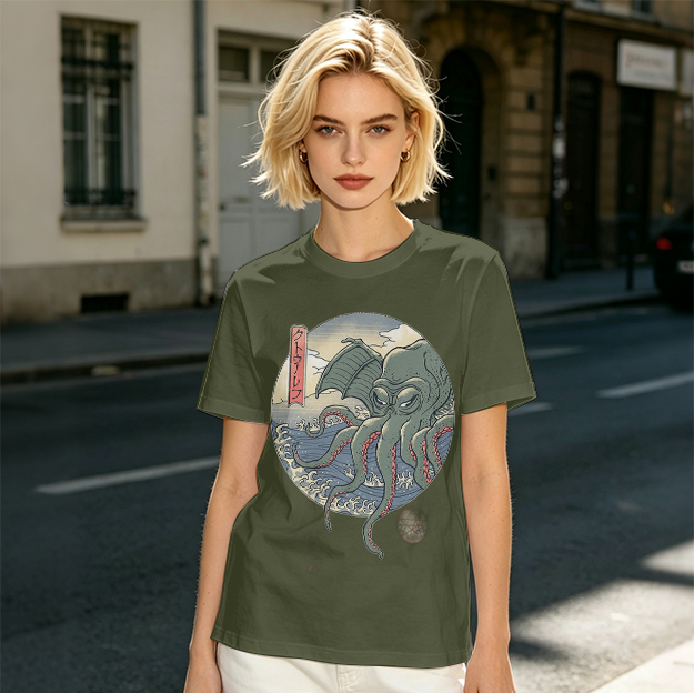 Olive T-shirt with Ukiyo-e Style Cthulhu Octopus Print