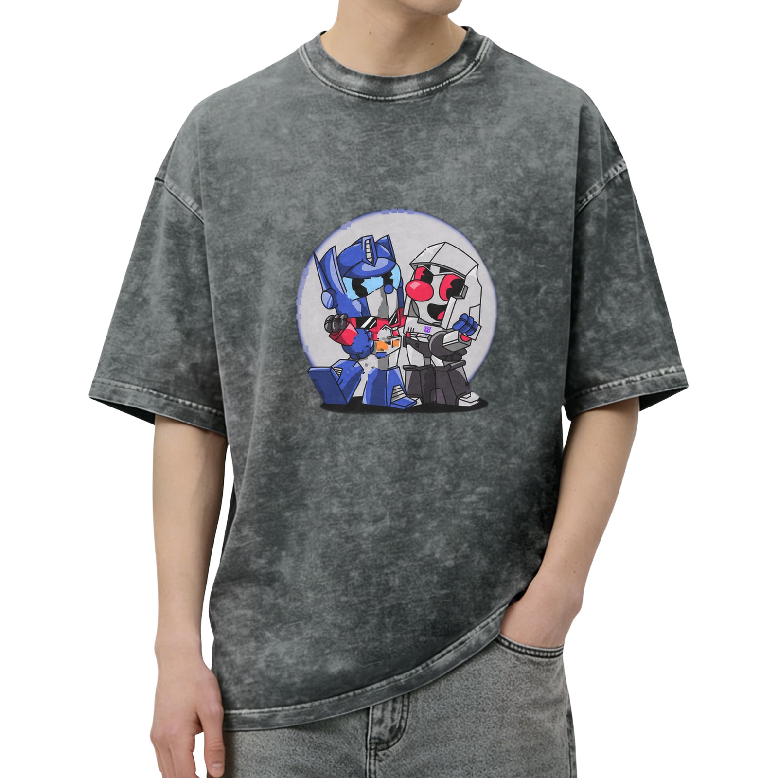 Oversized Dark Wash T-Shirt With Chibi Transformers Graphic