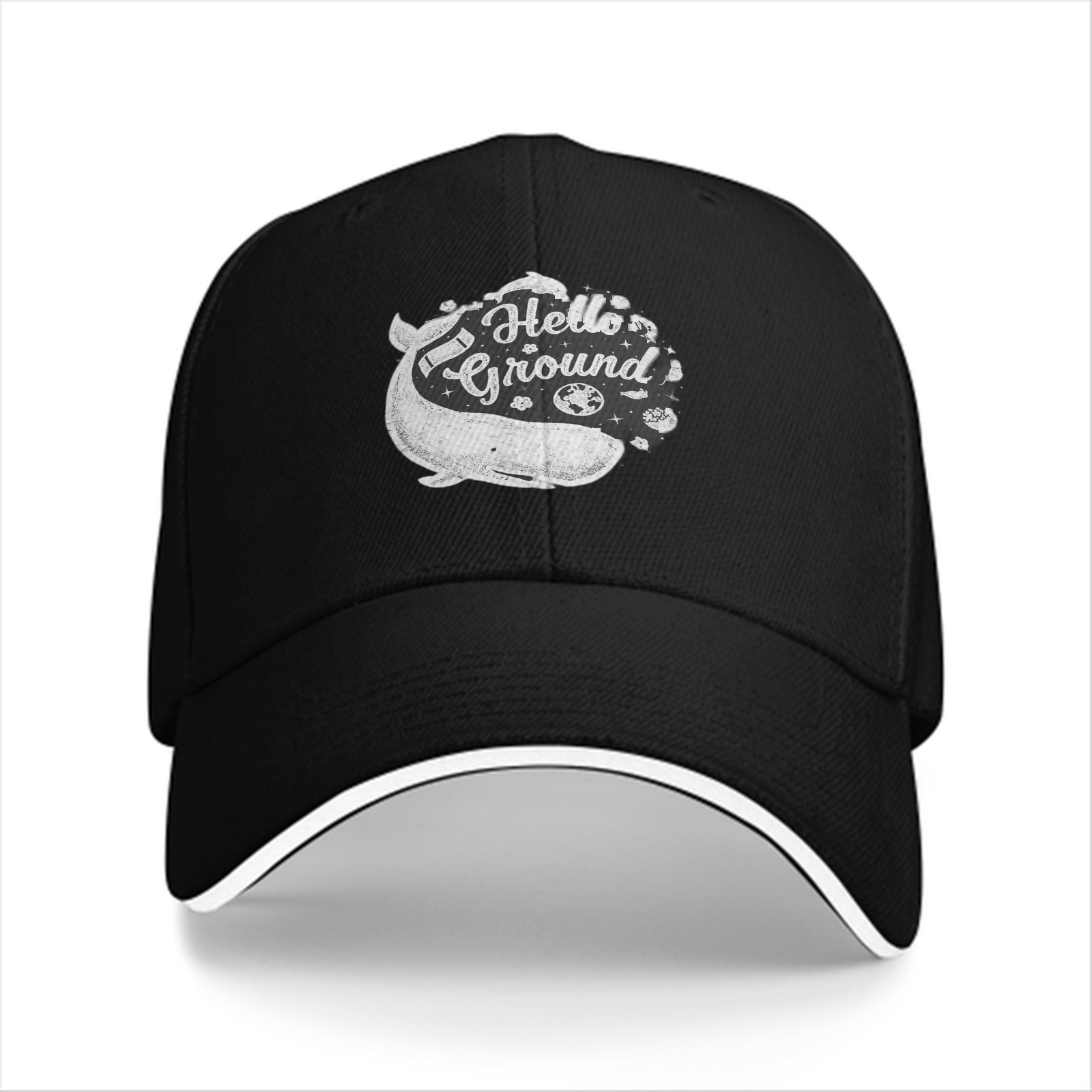 Black baseball cap with Hello Ground whale graphic print