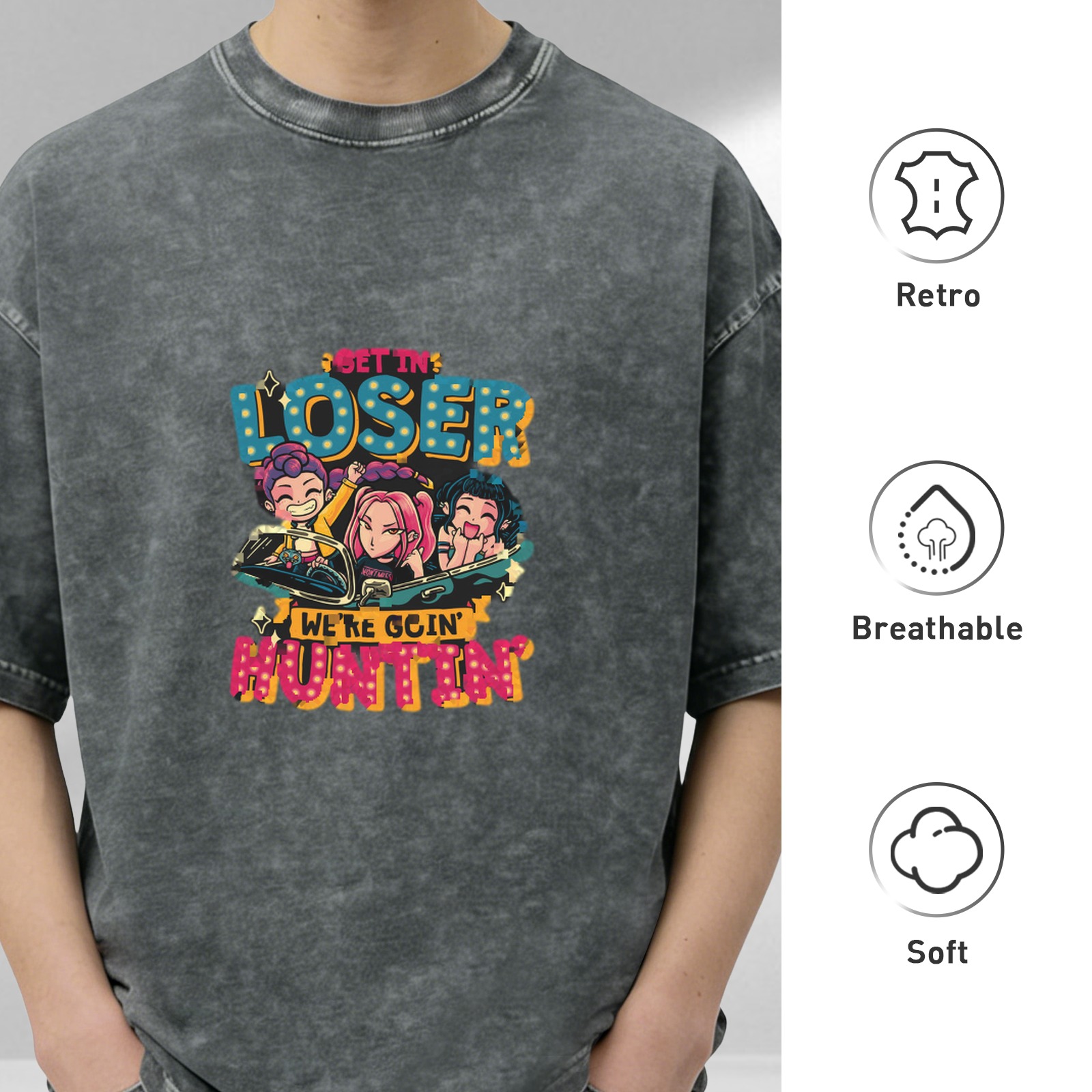 Washed black graphic t-shirt with get in loser we're goin huntin design