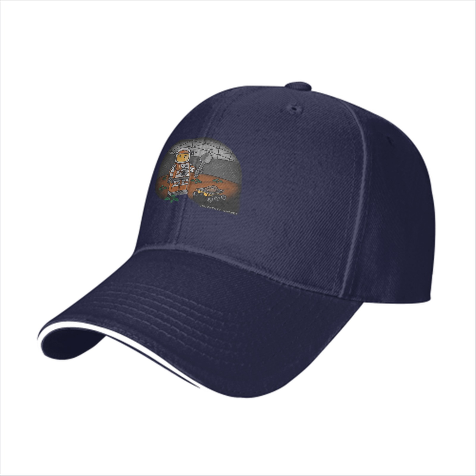 Black baseball cap with space astronaut minifigure graphic