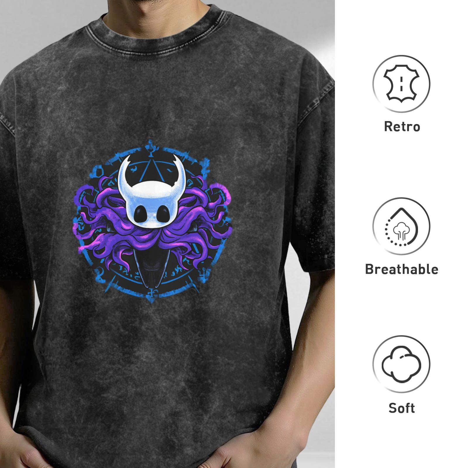 Oversized Dark Wash T-Shirt With Hollow Knight Tentacle Graphic Print