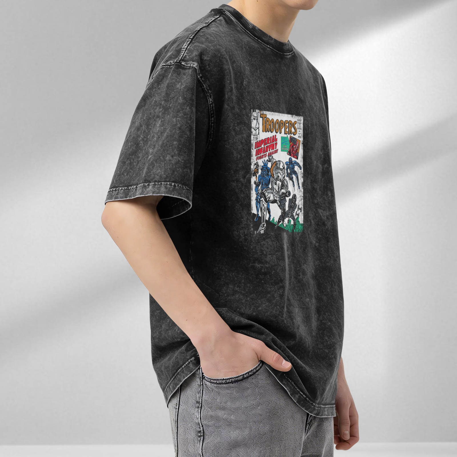 Washed Black T-Shirt with Retro Troopers Imperial Infantry Comic Print