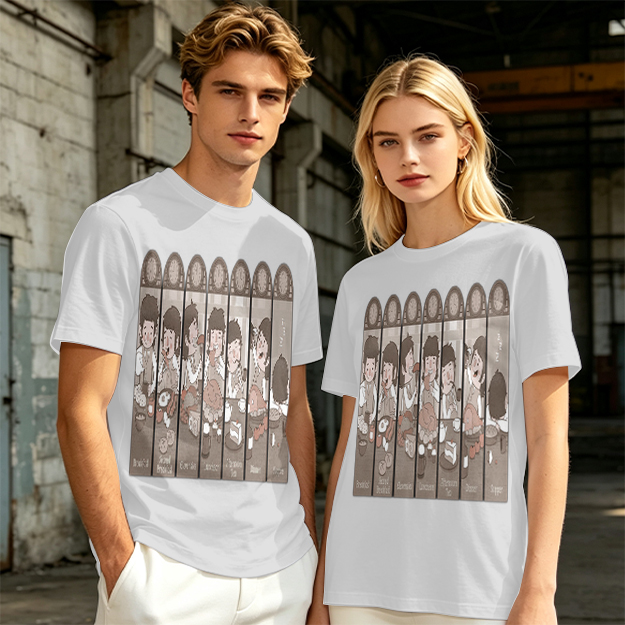 Olive green t-shirt with cartoon medieval feast scene print