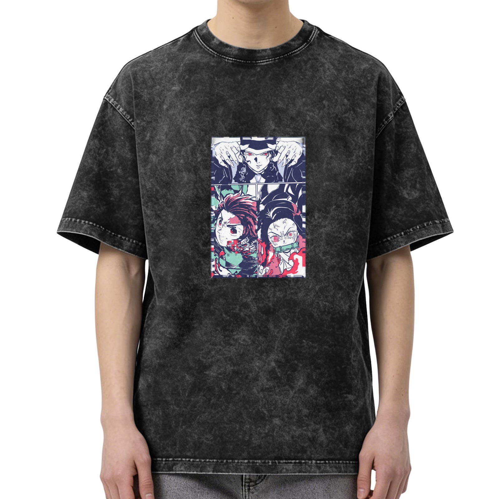 Demon Slayer themed distressed washed black short-sleeved T-shirt