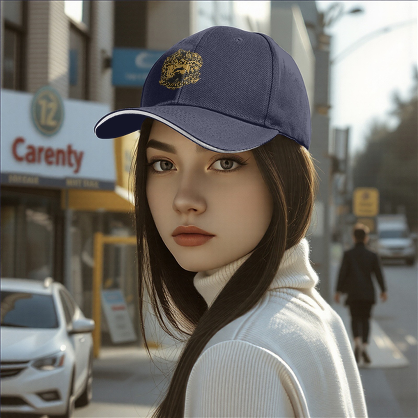 Black baseball cap with Hufflepuff Quidditch Cup crest design