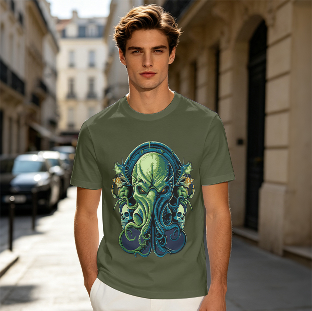 Olive Green T-Shirt With Cthulhu Skull Graphic Print