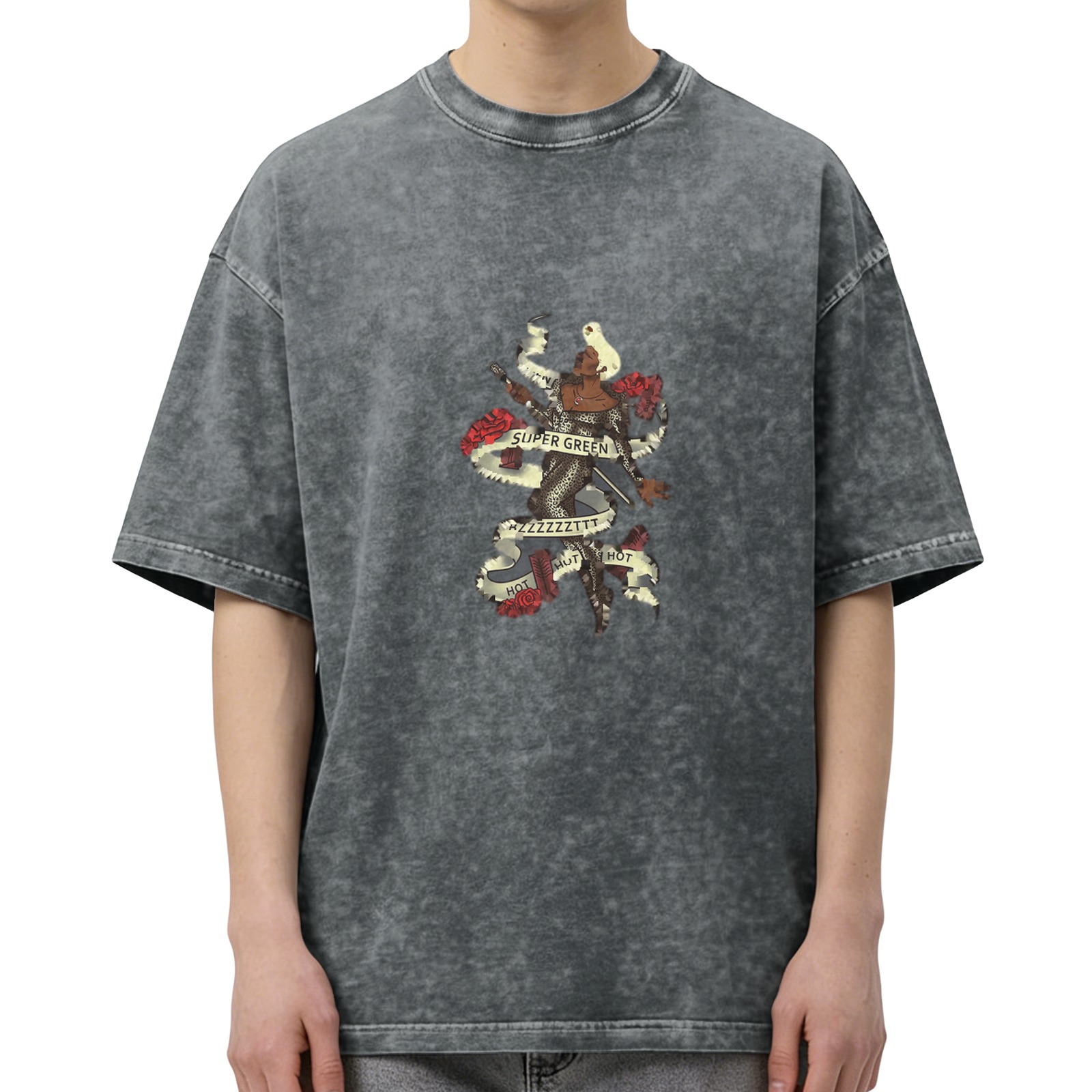 Oversized Black Acid Wash T-Shirt With Vintage Tattoo Style Graphic