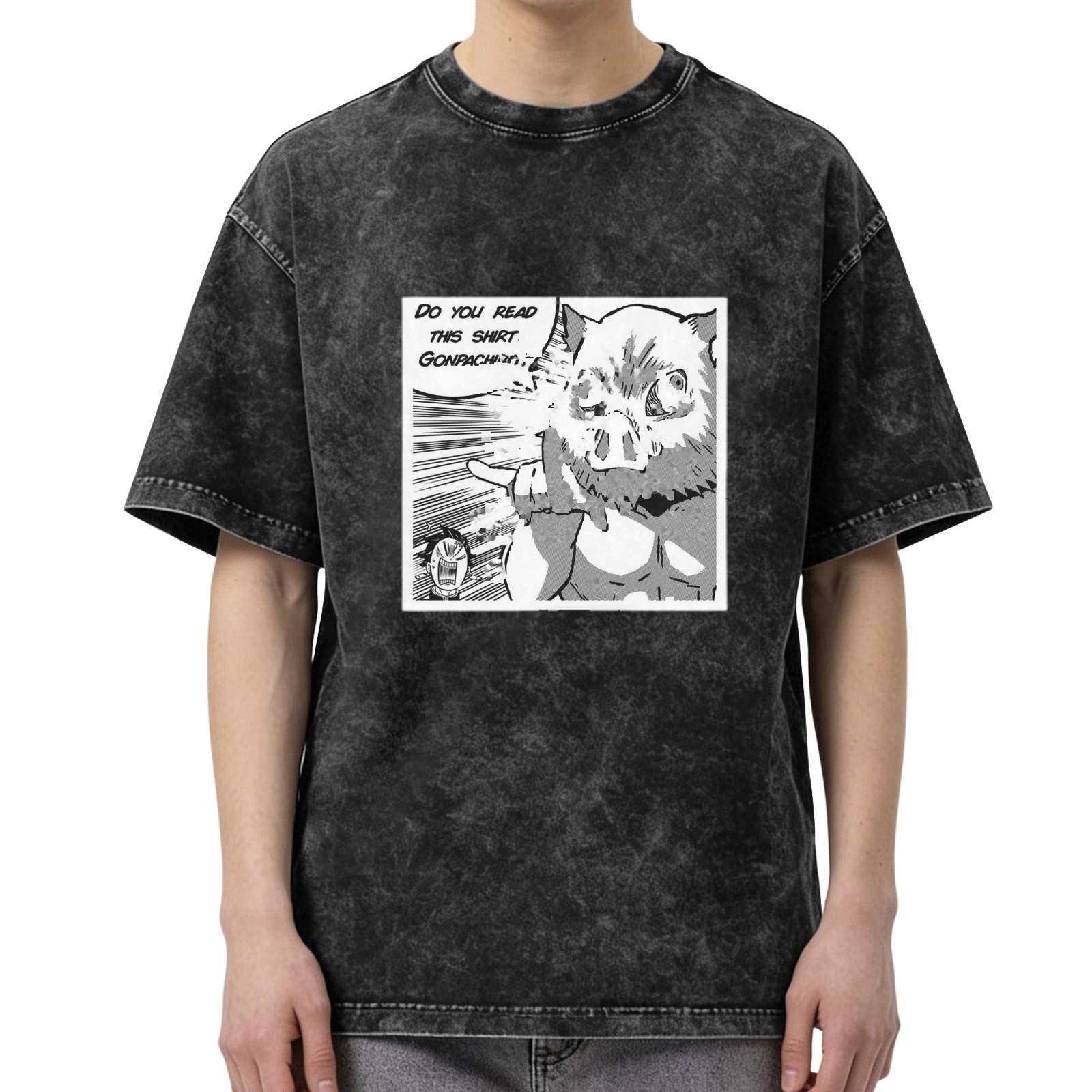 oversized acid wash manga panel t-shirt with do you read this shirt gonpachiro print