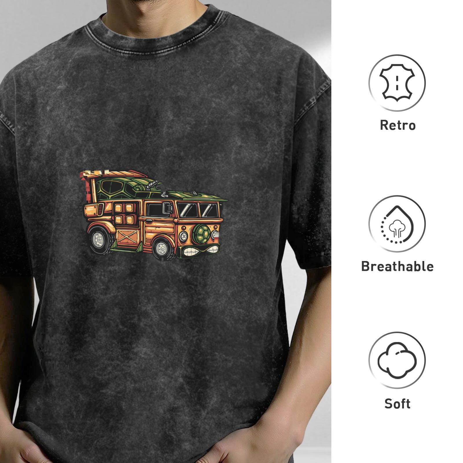 Oversized Acid Wash T-Shirt With Cartoon Turtle Van Print