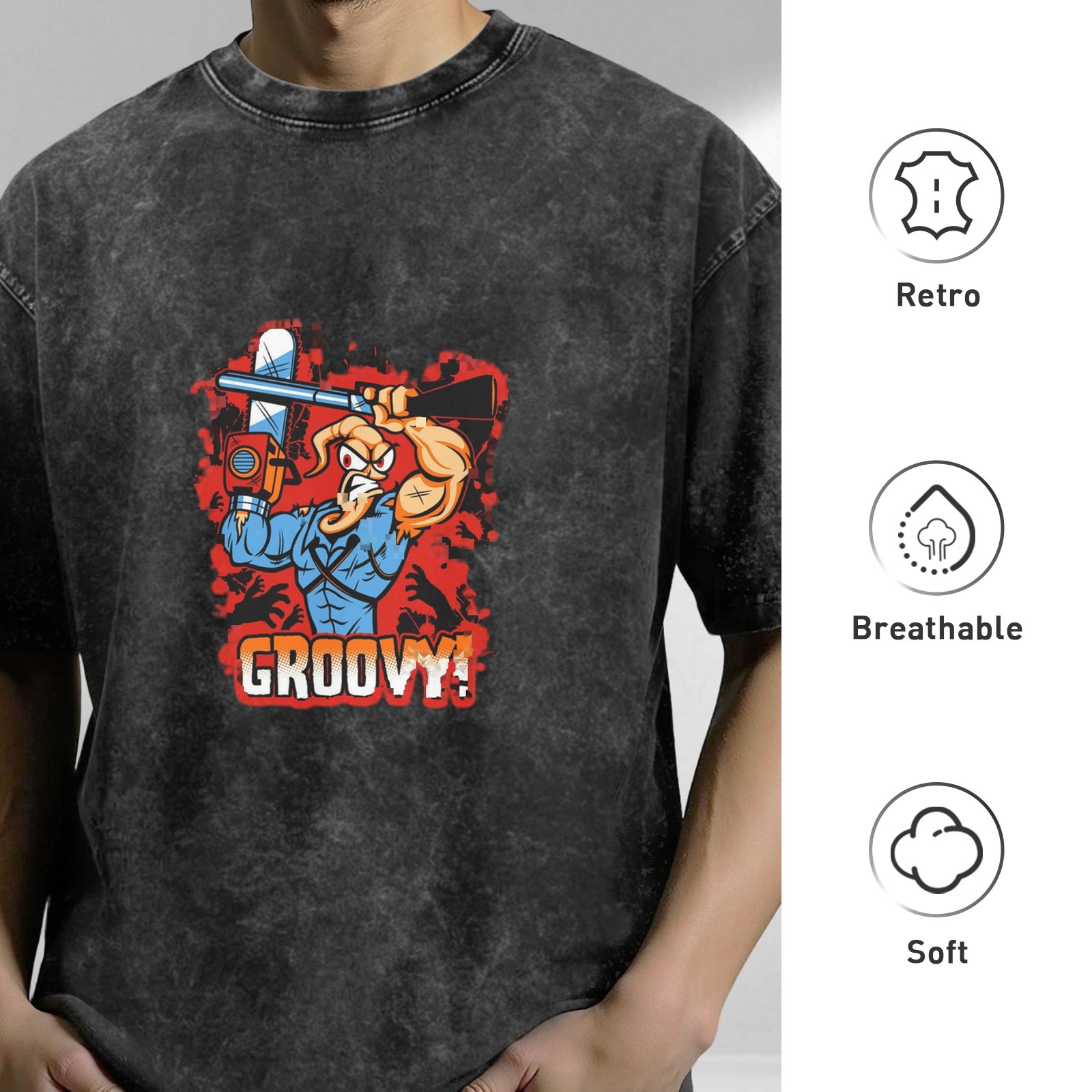 Vintage Washed Black T-Shirt with Cartoon Muscle Character Holding Chainsaw and 'GROOVY!' Graphic Print