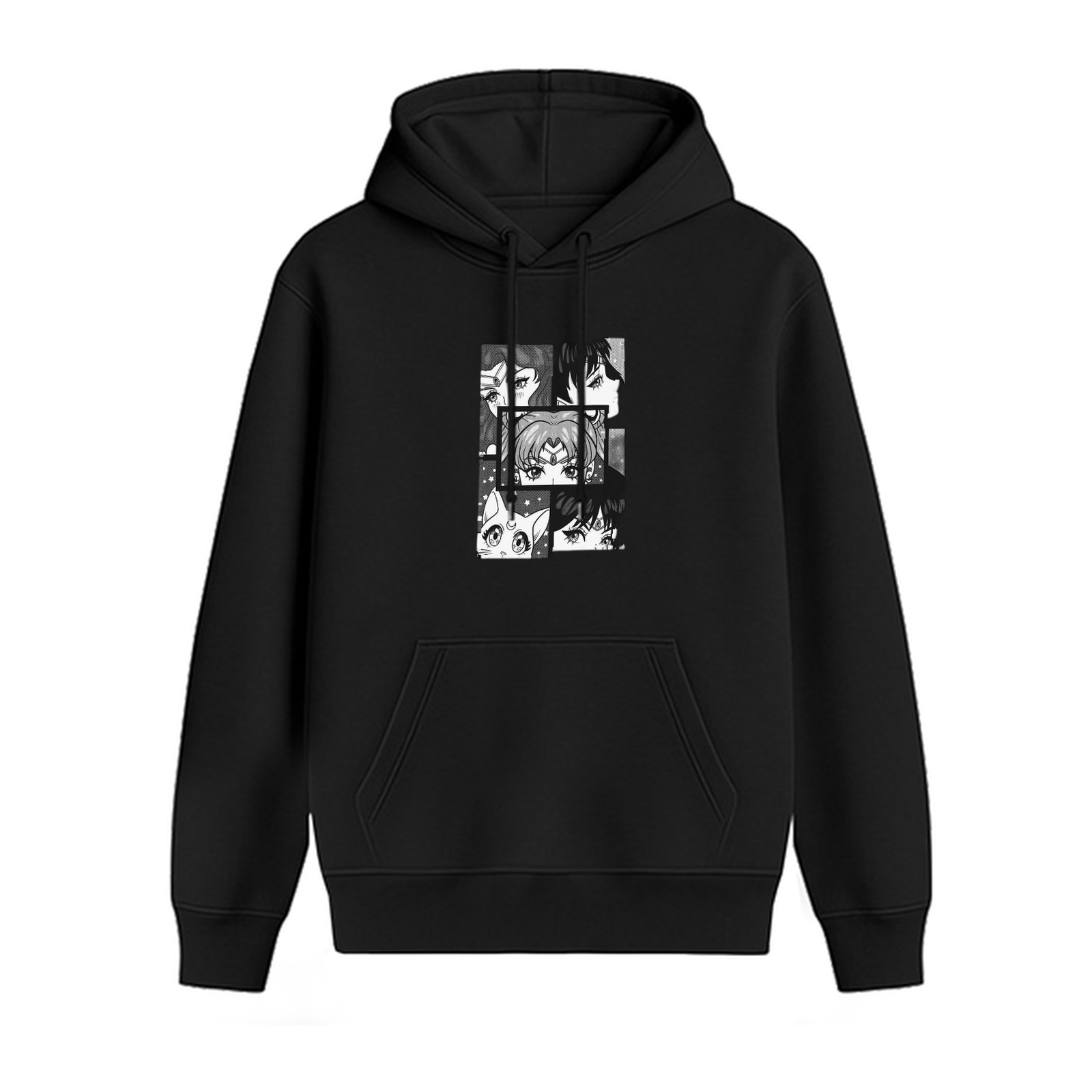 Black Anime Character Face Collage Graphic Hoodie