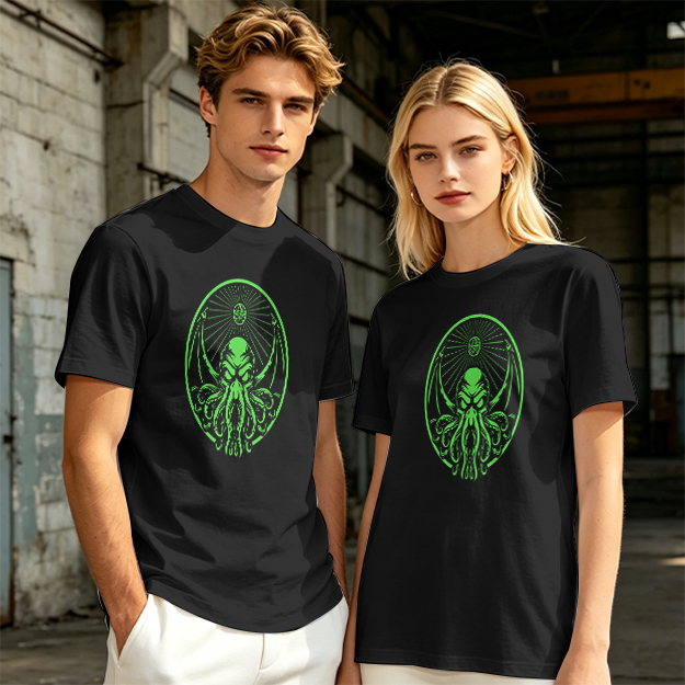 Olive Green T-Shirt With Glowing Green Cthulhu Graphic Print