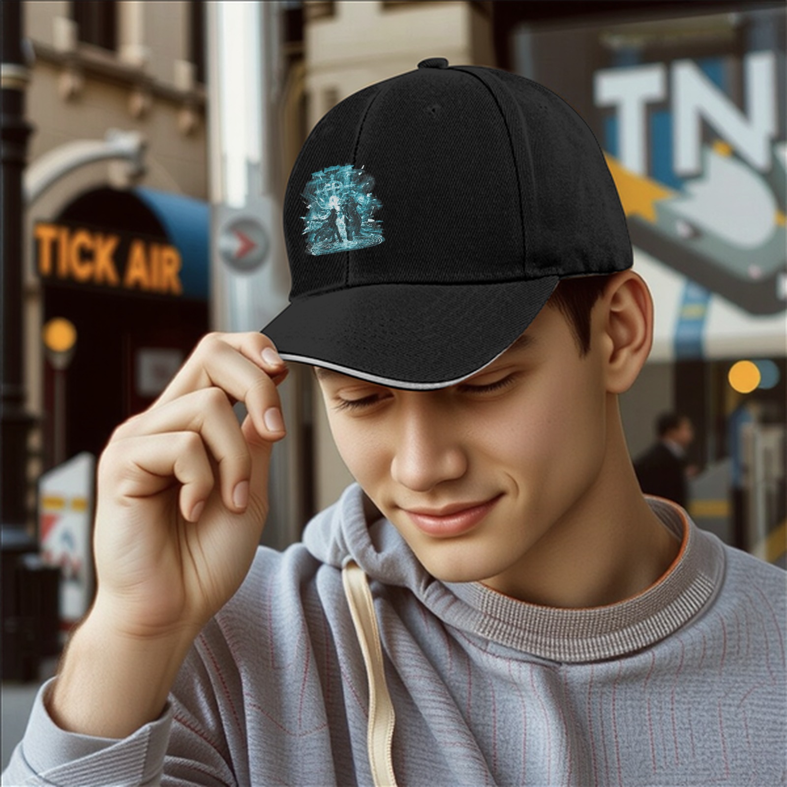 Black Baseball Cap With Fantasy Battle Themed Graphic Print