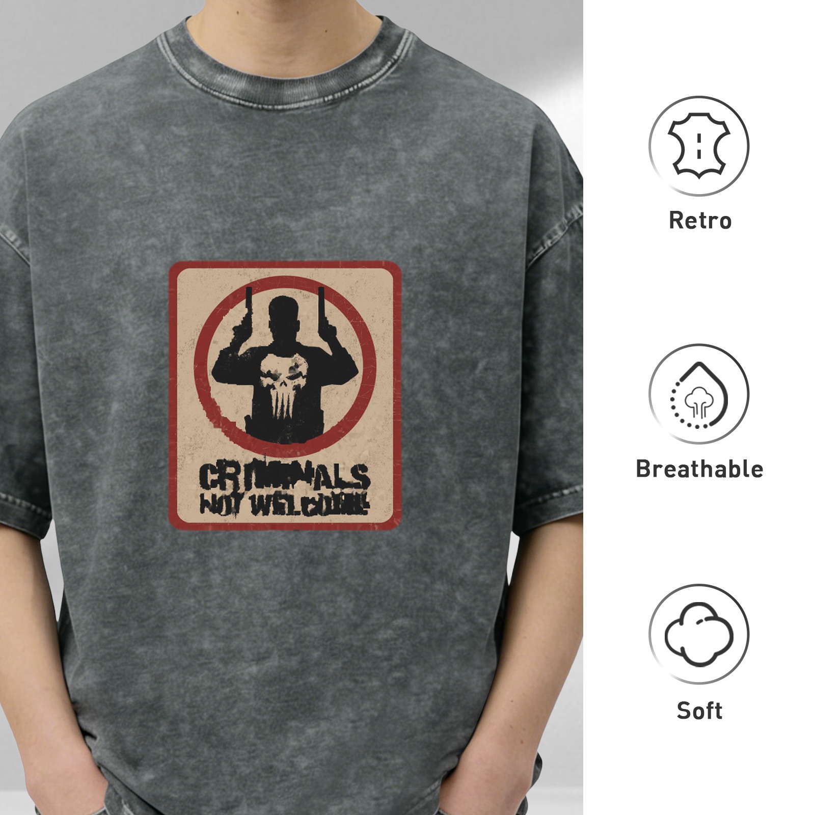 Washed black t-shirt with Punisher criminals not welcome graphic