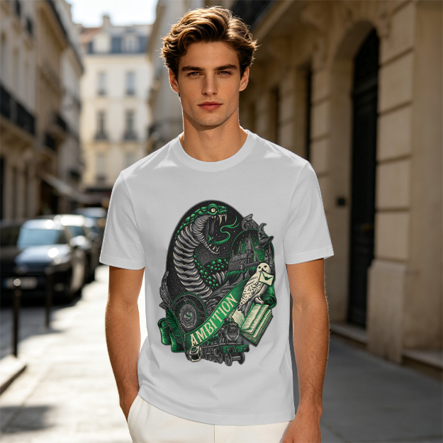 Olive Green T-Shirt With Slytherin Ambition Snake Owl Graphic
